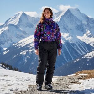 Edelweiss Snow Ski Suit Womens 10 Multicolor Black 80s Zip Elastic Waist Vintage